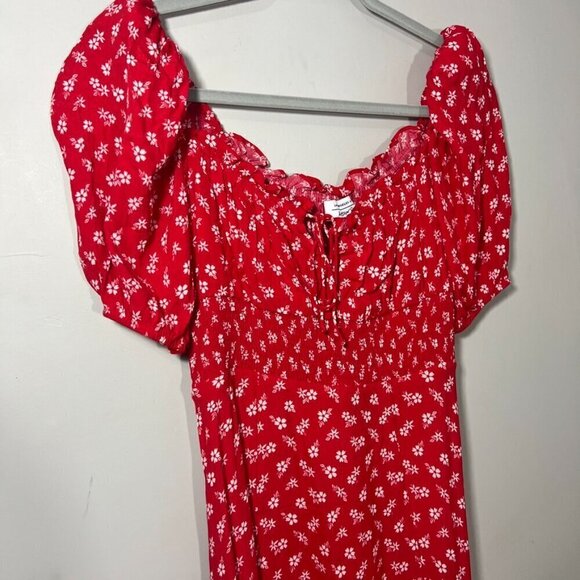& Other Stories Red Floral Puff Sleeve Milkmaid Maxi Dress Cottagecore Coquette - Picture 6 of 15